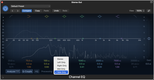 Logic Pro > Channel EQ Processing menu set to Side Only