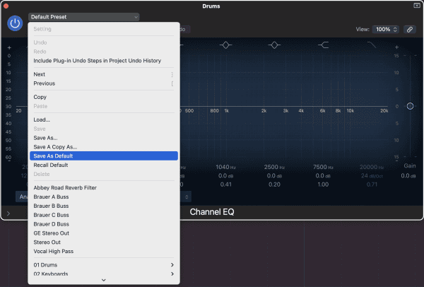 Logic Pro > Channel EQ preset menu with Save As Default