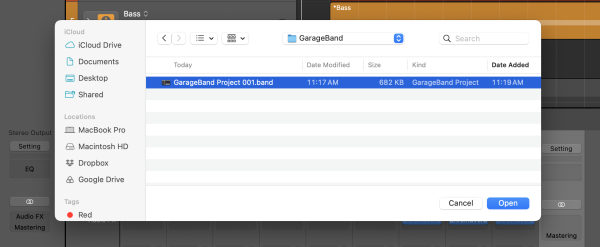 Logic Pro > File > Open > GarageBand project selected