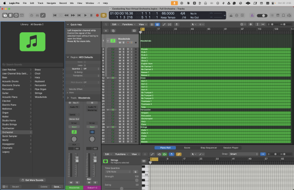 Logic Pro > Library and Tracks Area with Summing Track Stacks