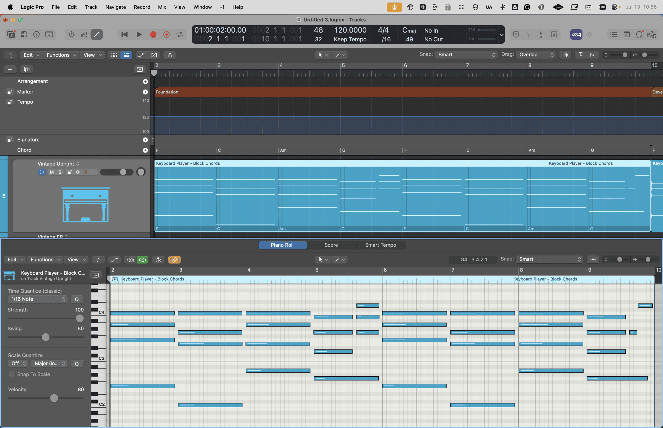 Logic Pro > Piano Roll Editor with MIDI Notes