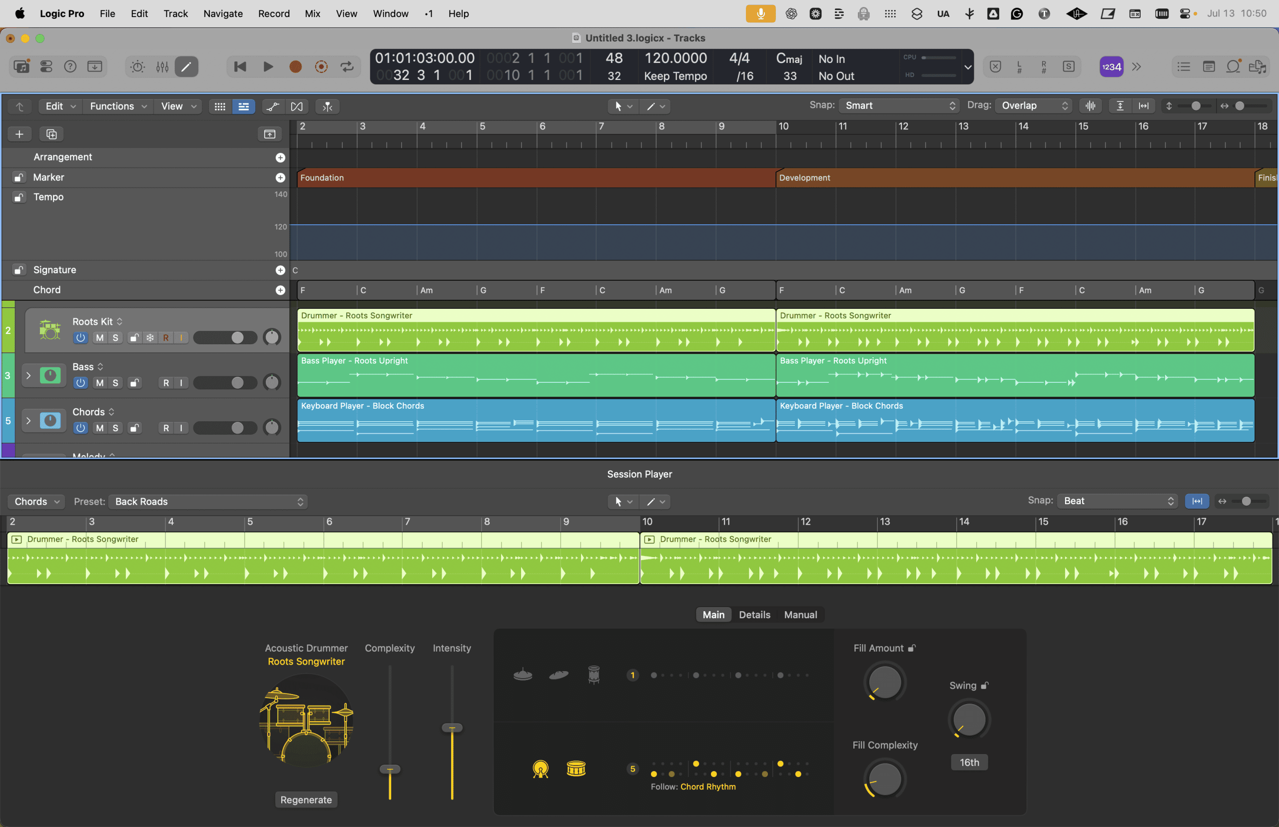 Logic Pro > Session Players in the Tracks Area