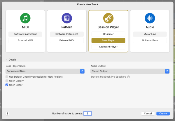 Logic Pro > Track > New Session Player SI Track