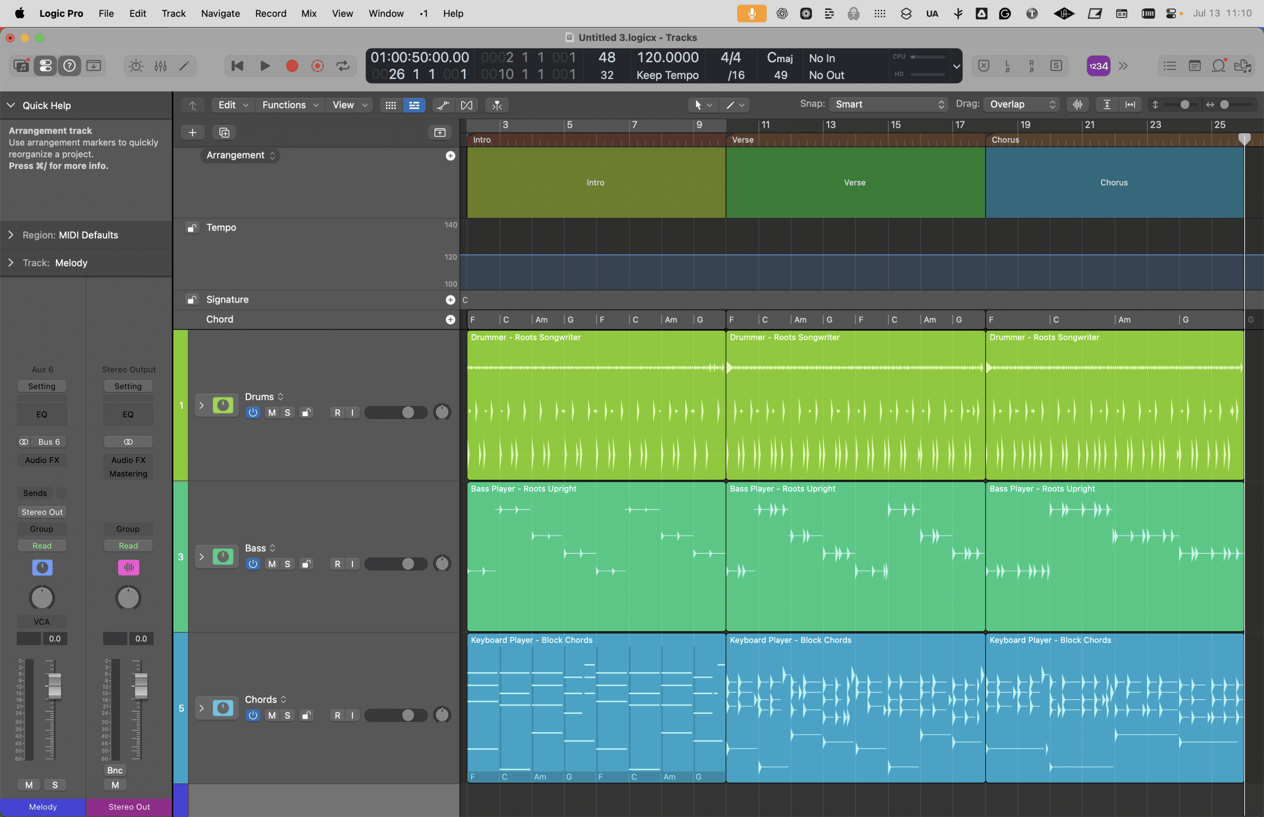 Logic Pro > Tracks Area with Arrangement Track Showing Song Sections