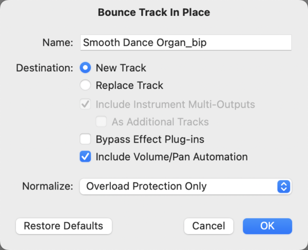 Logic Pro Bounce Track in Place dialog